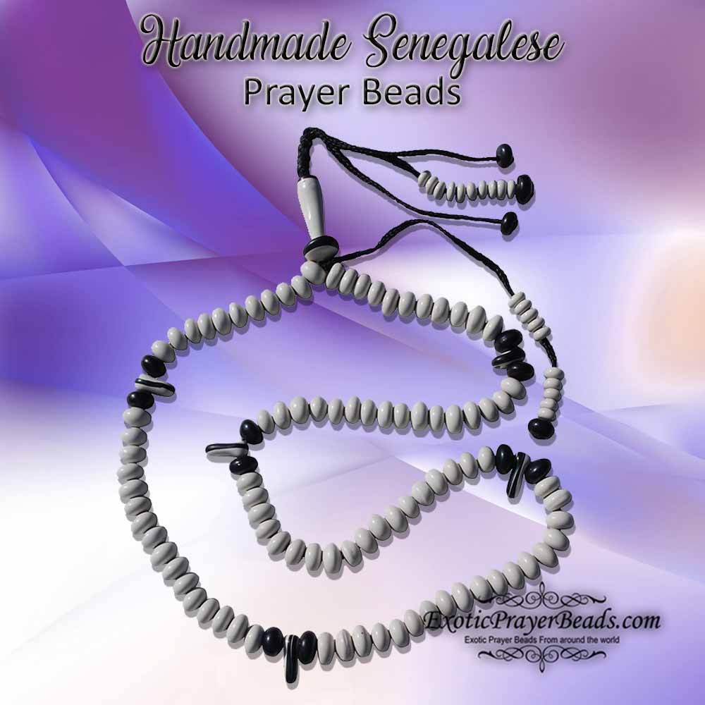 Handmade Senegalese-style White & Black Epoxy Prayer Beads
